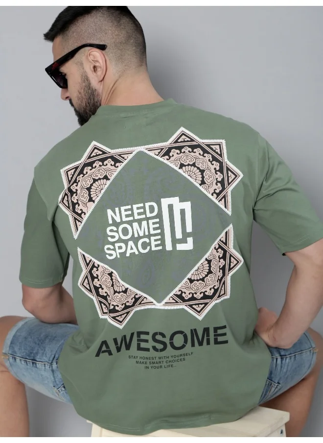 مانياك Awesome Printed Mens Round Neck 3/4th Sleeve Hunter Green Cotton Oversized T-Shirt