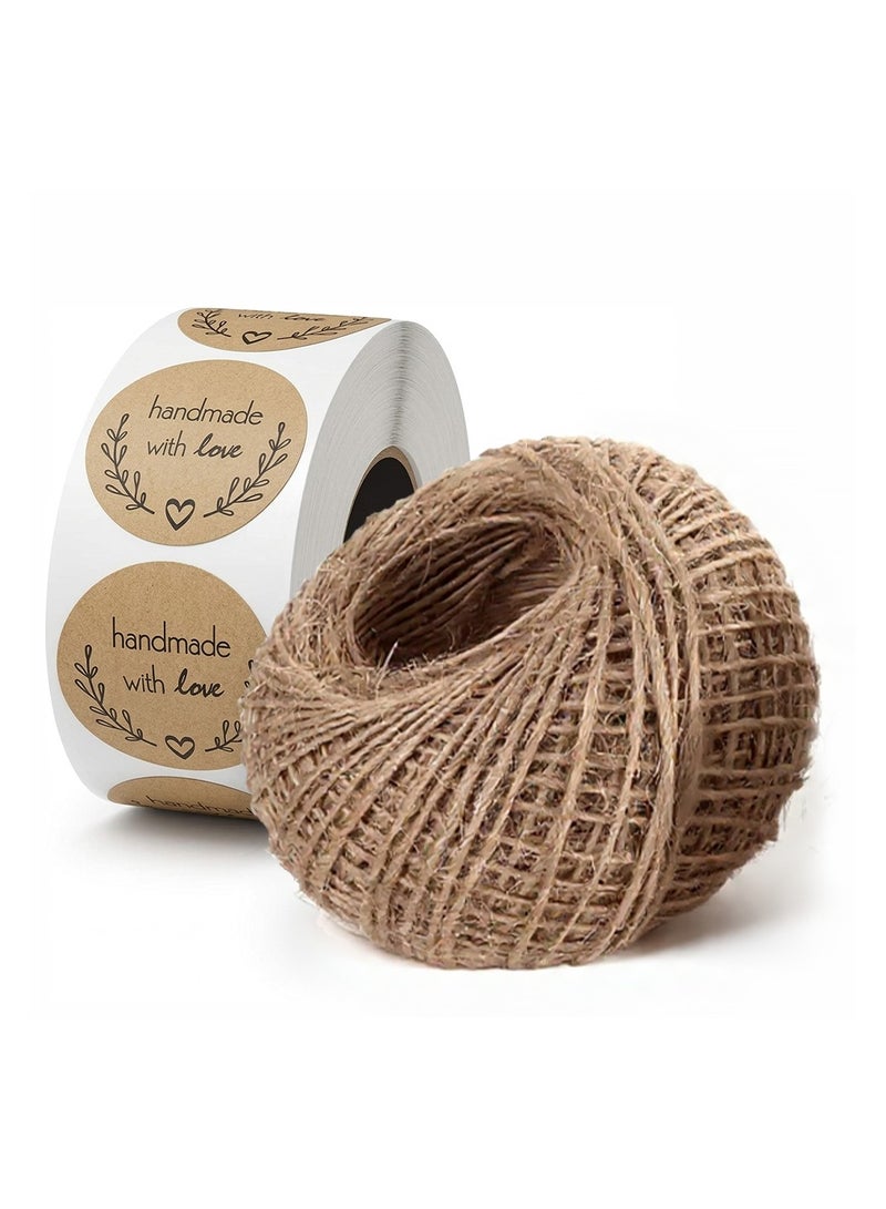 Wownect Brown Kraft Paper Labels Stickers [1 Inch, 500 Pcs] Handmade With Love + 100m 2mm Jute Twine – Rustic Gift Wrap, Baking, Envelopes, Party & DIY (Pack of 2) - Image 1