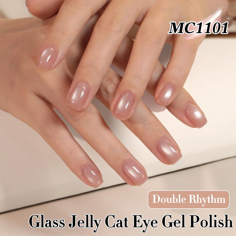 Double Rhythm Jelly Glass Cat Eye Gel Polish with Magnet 15ML Holographic Glitter Shimmer Translucent Sheer Color Magnetic Nail Polish Salon DIY at Home (Jelly Glass Nude-MC1101) - Image 3