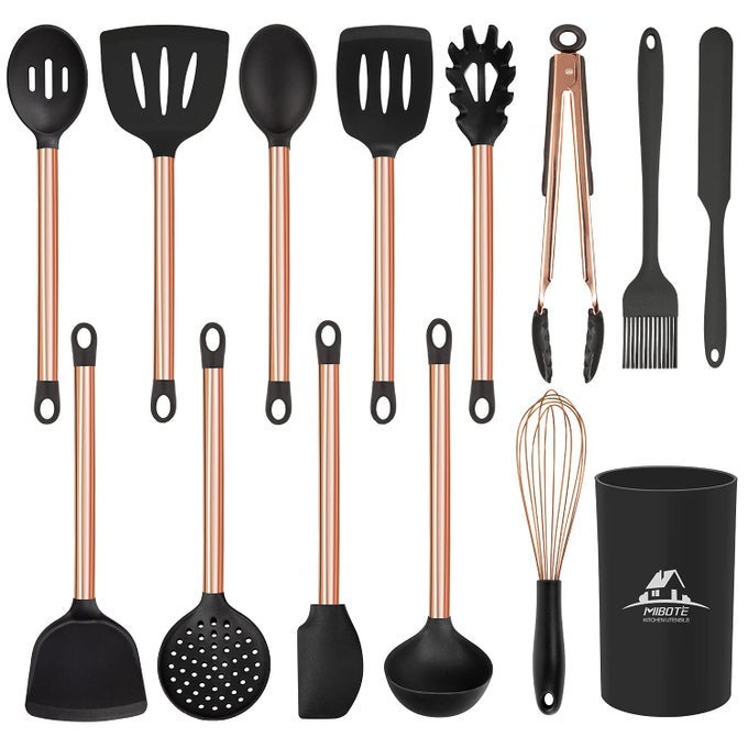 SILICONE COOKING UTENSIL SET14 PCS KITCHEN UTENSILS SET WITH HOLDER NONSTICK HEAT RESISTANT COOKWARE COOKING TURNER TONGS SPATULA SPOON WITH STAINLESS STEEL HANDLE GOLD BLACK BPA FREE NON TOXI