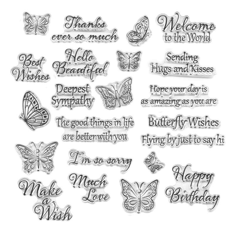 Words Clear Stamp Silicone Stamp Cards with SentimentsFlowersButterflyGreeting Words Pattern for Holiday Card Making Decoration and DIY Scrapbooking Album DIY Crafts