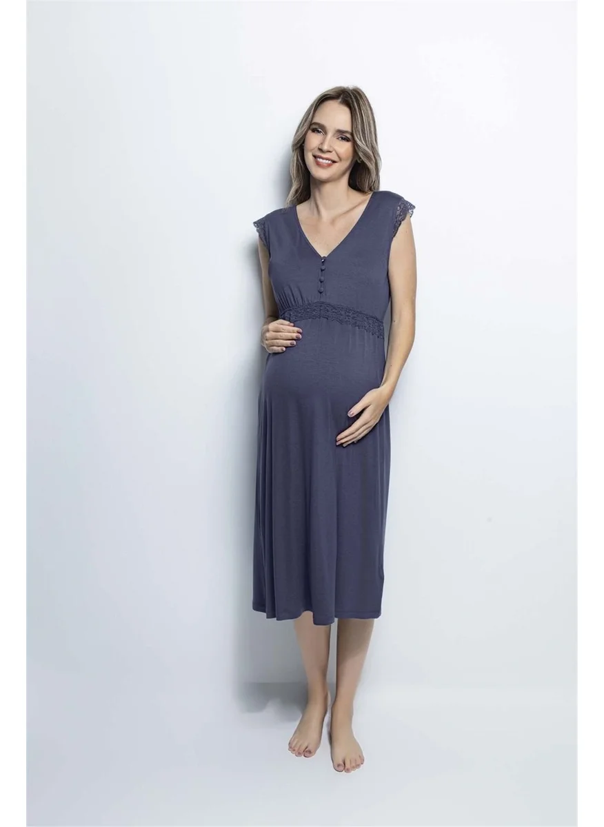 Monamise 18448 Women's Navy Blue Maternity Maternity Short Sleeve Nightgown