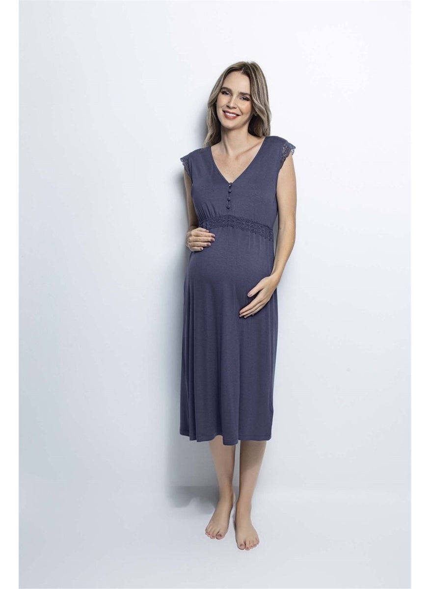 Monamise 18448 Women's Navy Blue Maternity Maternity Short Sleeve Nightgown 