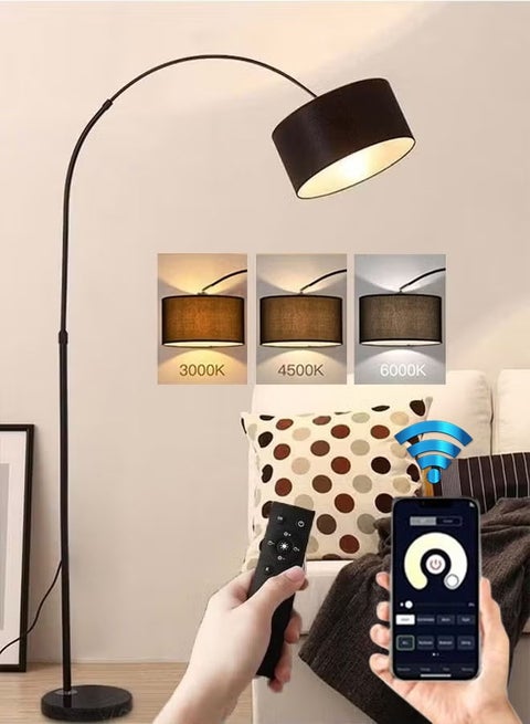 Tall Lampshade and LED Floor Lamp for Living Room with Adjustable Hanging Cylinder Shade with Remote Control, Reading Light for Bedroom or Office Black 12W 185 x 38cm
