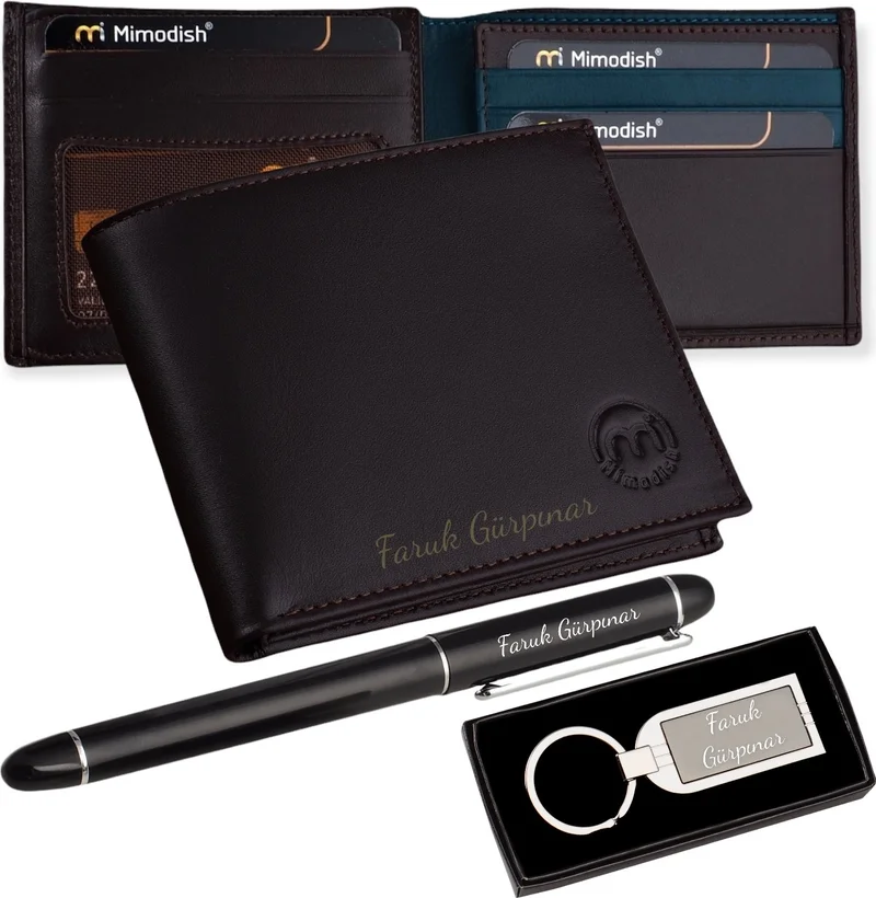 ميموديش Luxury Leather Men's Wallet with Personalized Pen Keychain Gift