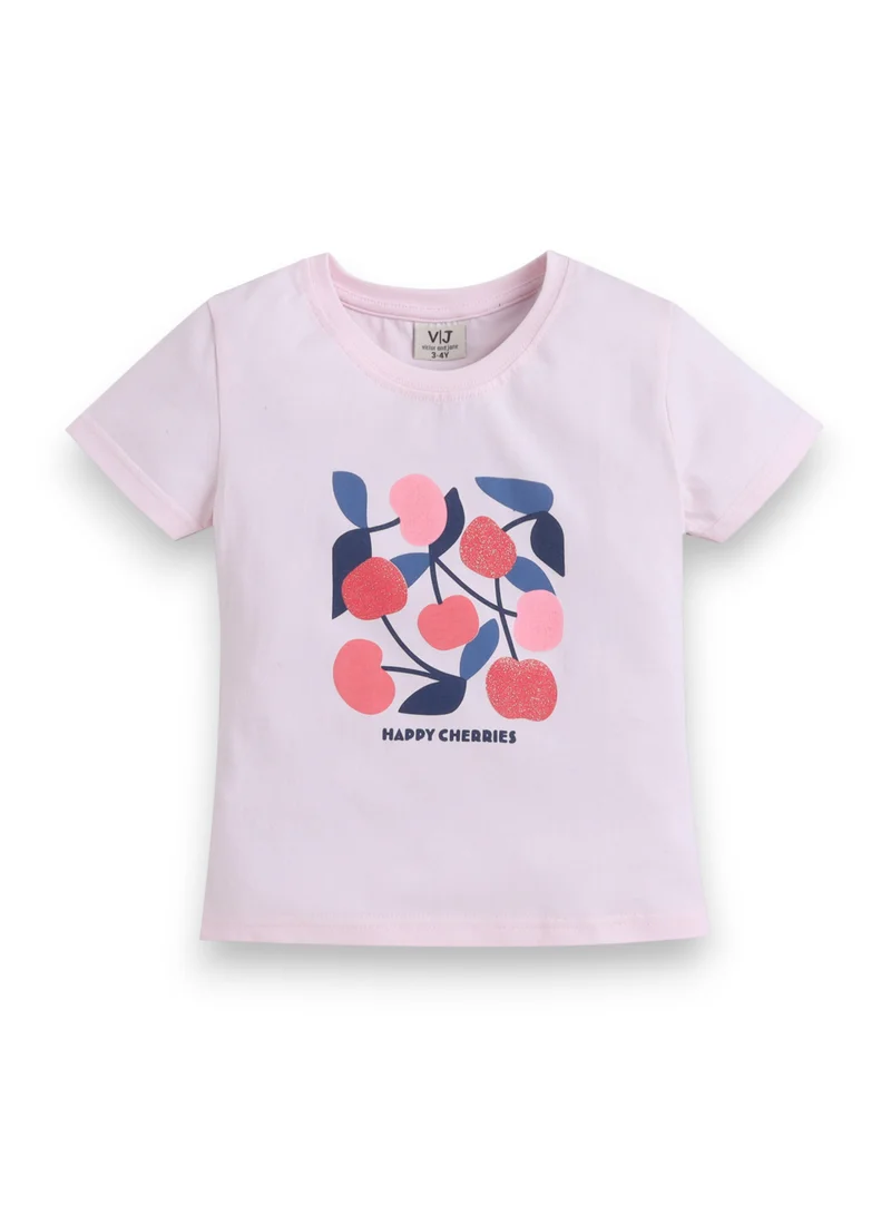 Victor And Jane  Girls Cherry Print Cotton Pajama Set – T-Shirt & Full Pants Nightwear for Women | Best Price UAE