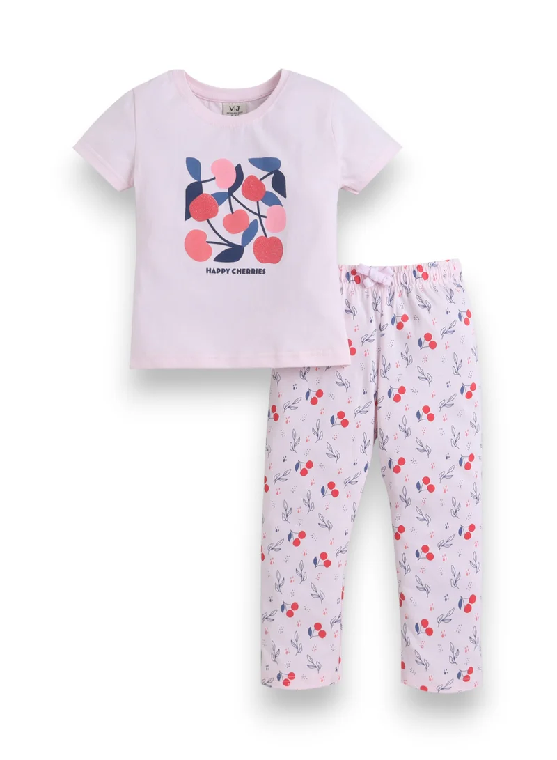 فكتور اند جين Girls Cherry Print Cotton Pajama Set – T-Shirt & Full Pants Nightwear