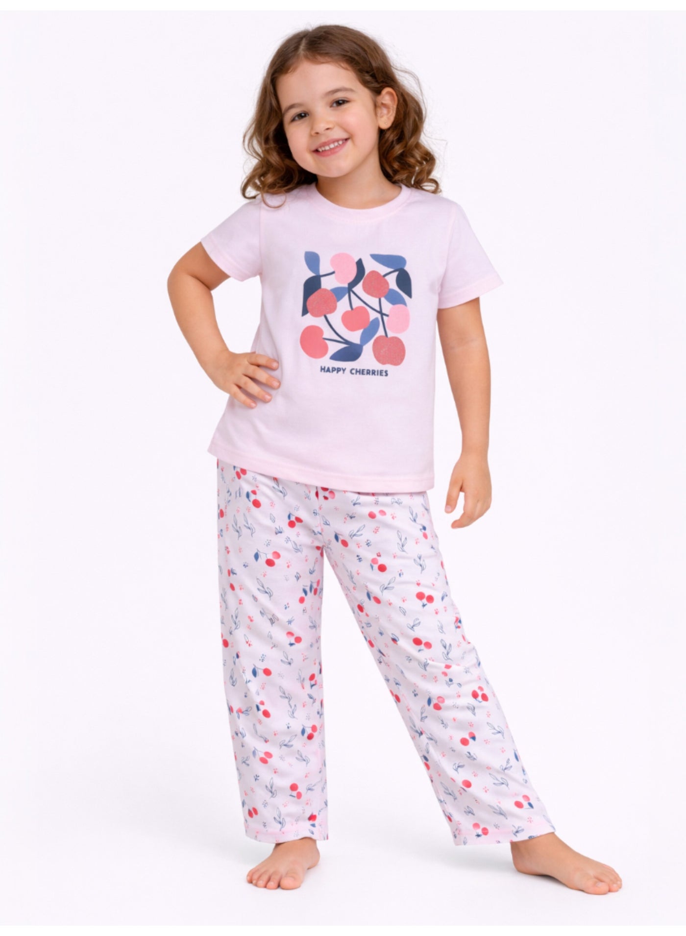 victor and jane Girls Cherry Print Cotton Pajama Set – T-Shirt & Full Pants Nightwear