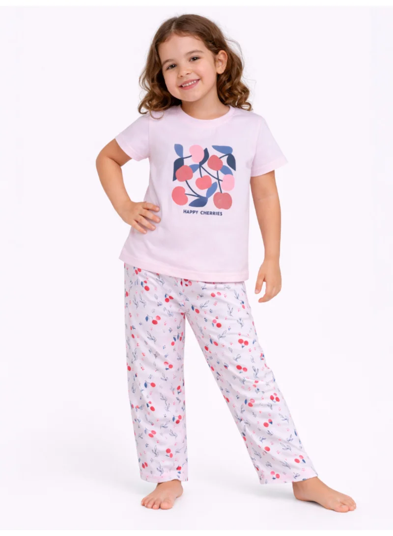فكتور اند جين Girls Cherry Print Cotton Pajama Set – T-Shirt & Full Pants Nightwear