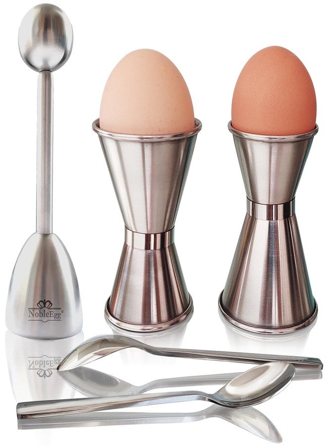 NobleEgg أكواب بيض نوبل إيغ للبيض المسلوق نصف سلقة، جميع الأحجام، غطاء، ملاعق، مصنوعة من الفولاذ المقاوم للصدأ 18/8، طقم لشخصين - Image 1