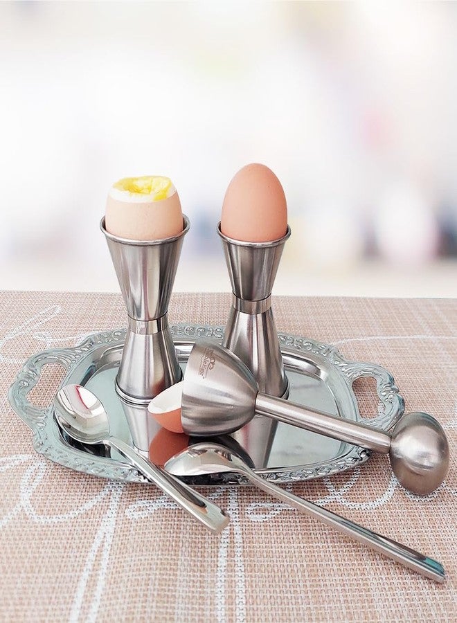 NobleEgg أكواب بيض نوبل إيغ للبيض المسلوق نصف سلقة، جميع الأحجام، غطاء، ملاعق، مصنوعة من الفولاذ المقاوم للصدأ 18/8، طقم لشخصين - Image 2