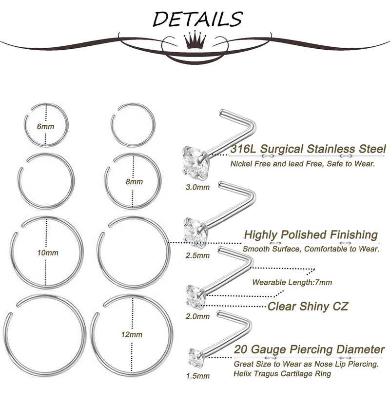Masedy Nose Rings 12Pcs 20G 316L Stainless Steel L Shaped Nose Studs Cartilage Tragus Septum Piercing Silver - Image 3