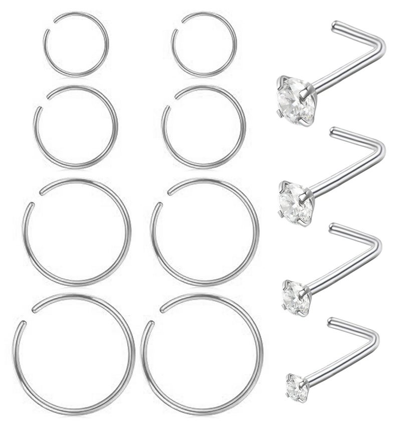 Masedy Nose Rings 12Pcs 20G 316L Stainless Steel L Shaped Nose Studs Cartilage Tragus Septum Piercing Silver - Image 1