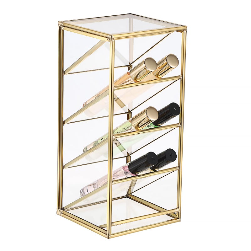ELLDOO Rollerball Perfume Organizer, 4 Compartment Clear Glass Perfume Storage Holder Vintage Beauty Scent Holder, Metal Makeup Lipgloss Lipstick Display Case - Image 1
