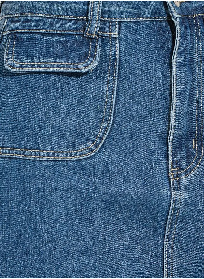 Styli Denim Knee Length Skirt with Cargo Pockets
