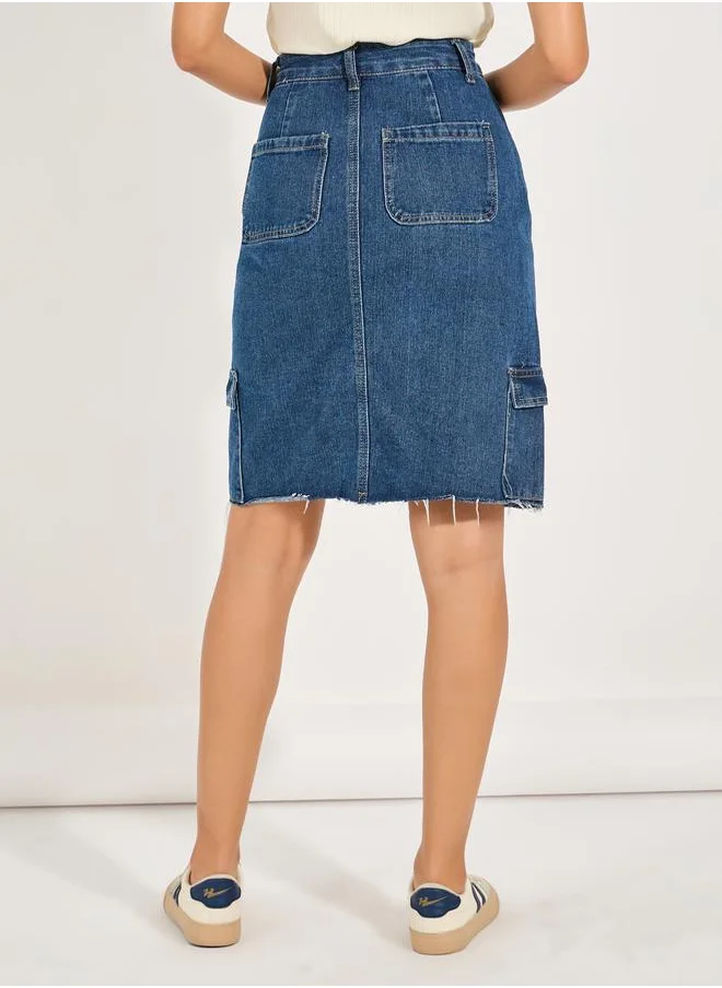 Styli Denim Knee Length Skirt with Cargo Pockets