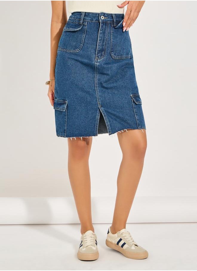 Styli Denim Knee Length Skirt with Cargo Pockets  - Image 2