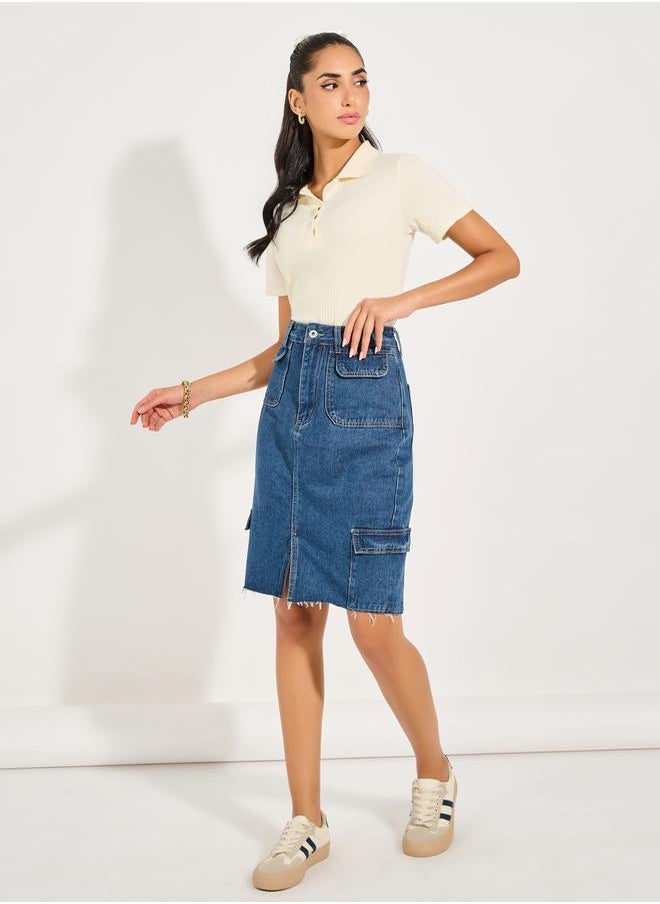 Styli Denim Knee Length Skirt with Cargo Pockets  - Image 1