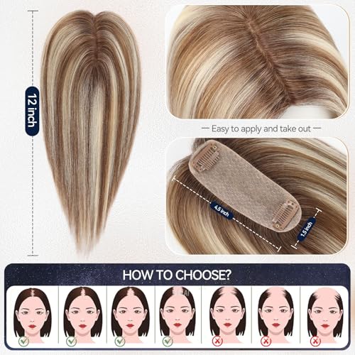 starluck Hair Toppers for Women Real Human Hair 4515Silk Base ombre Blonde mix Brown HairPieces No Bangs 100 Real Human HairToppers for Women with ThinningHair Cover Gray Roots - Image 3
