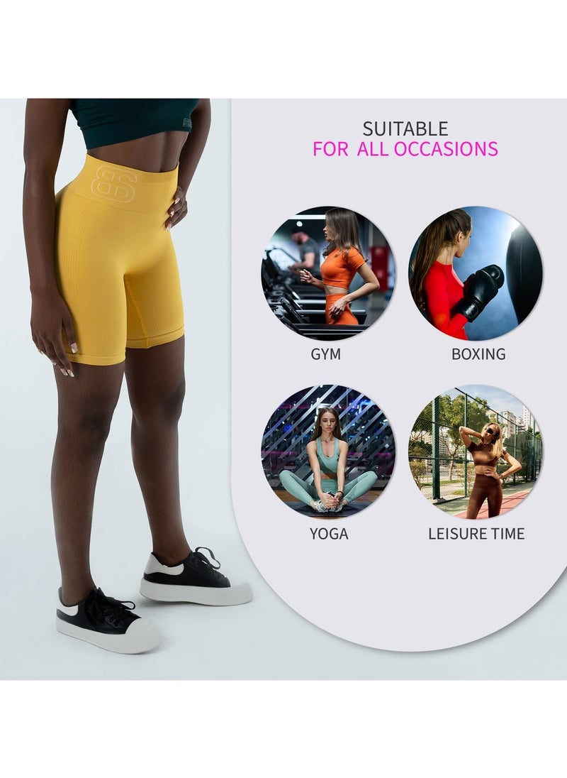 Bernessi Turkiye Nylon Women High Waisted Biker Shorts Sport Legging Shorts Workout Cycling Athletic Running Yoga Gym Volleyball for Ladies with Tummy Control Yellow Pollen  - Image 5