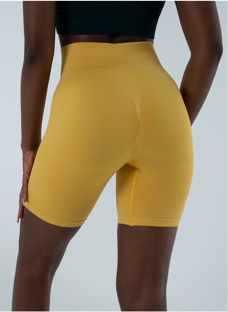 Bernessi Turkiye Nylon Women High Waisted Biker Shorts Sport Legging Shorts Workout Cycling Athletic Running Yoga Gym Volleyball for Ladies with Tummy Control Yellow Pollen  - Image 2