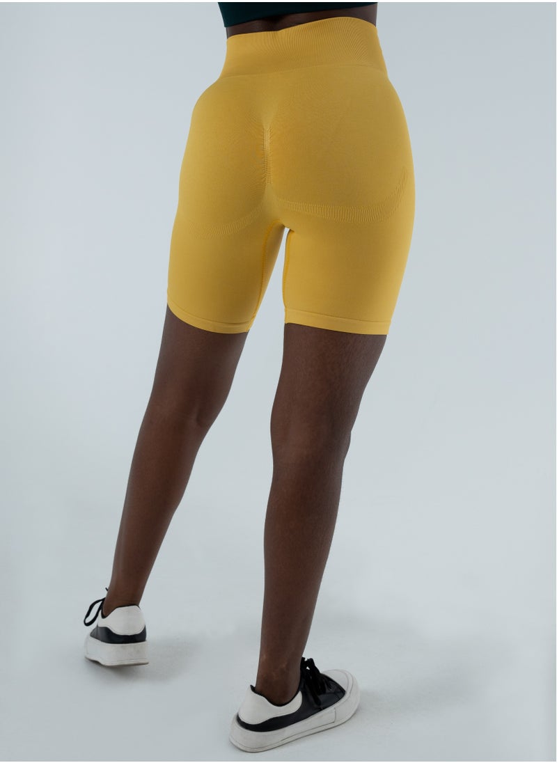 Bernessi Turkiye Nylon Women High Waisted Biker Shorts Sport Legging Shorts Workout Cycling Athletic Running Yoga Gym Volleyball for Ladies with Tummy Control Yellow Pollen  - Image 4