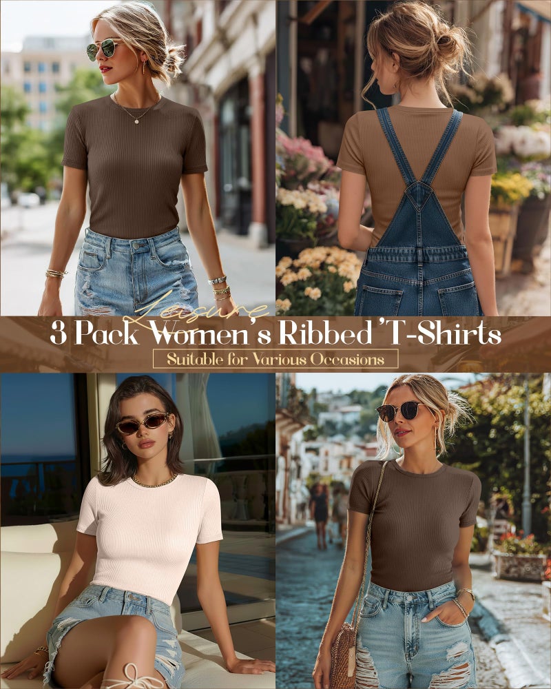 Ficerd 3 Pack Women's Ribbed T-Shirts, Cotton Short Sleeve Basic Tees Crewneck Fitted Tops Casual Shirts 2026 Summer Trendy(Mocha Brown, Khaki, Creamy White,Small) - Image 2