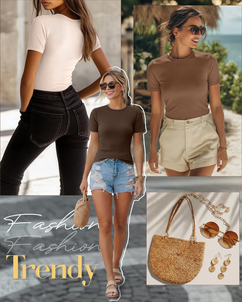 Ficerd 3 Pack Women's Ribbed T-Shirts, Cotton Short Sleeve Basic Tees Crewneck Fitted Tops Casual Shirts 2026 Summer Trendy(Mocha Brown, Khaki, Creamy White,Small) - Image 3