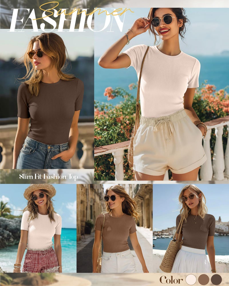 Ficerd 3 Pack Women's Ribbed T-Shirts, Cotton Short Sleeve Basic Tees Crewneck Fitted Tops Casual Shirts 2026 Summer Trendy(Mocha Brown, Khaki, Creamy White,Small) - Image 4