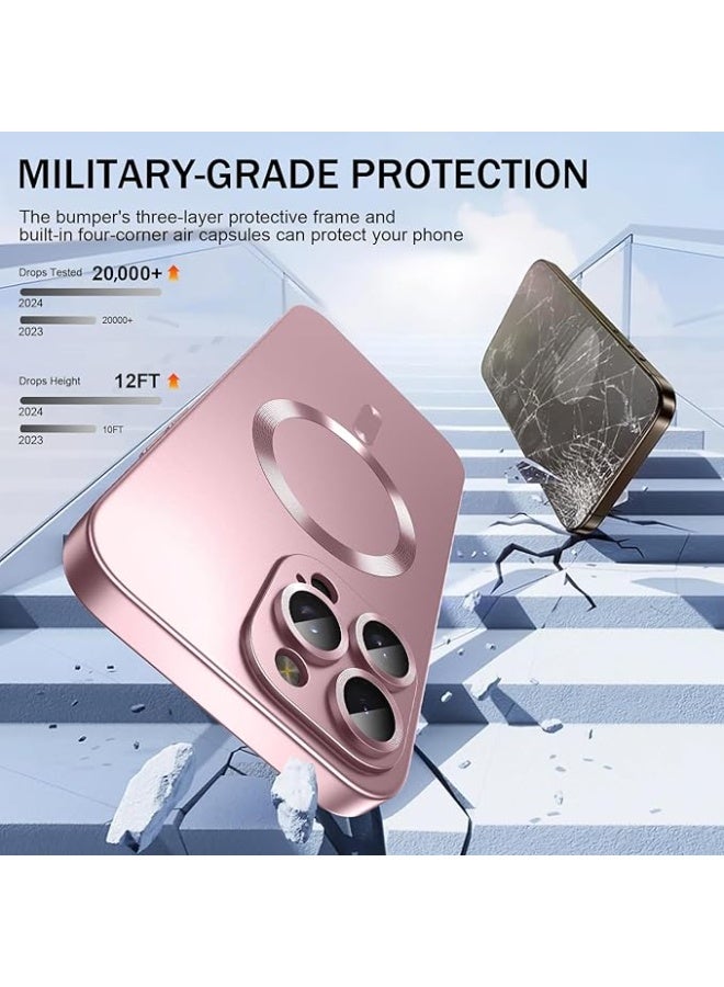 جراب مغناطيسي متوافق مع هاتف iPhone 15 Pro Max [متوافق مع MagSafe] [واقي عدسة الكاميرا المدمج] غطاء هاتف رفيع ناعم من السيليكون مقاوم للصدمات لامع معدني (ذهبي وردي) - Image 3