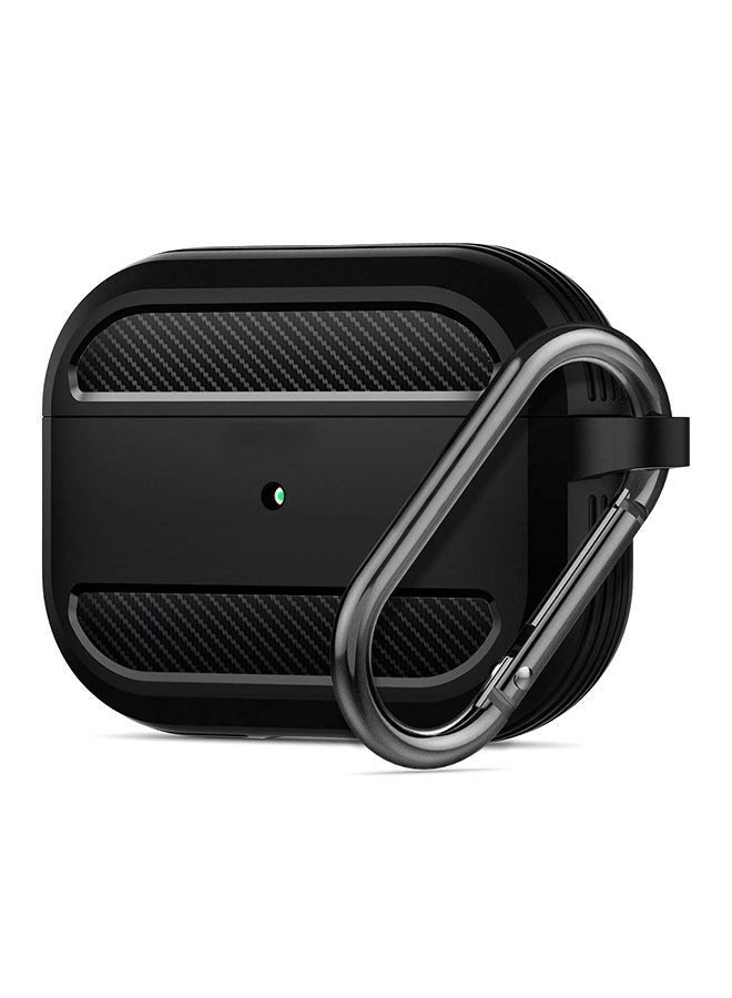 Rugged Armor Shockproof Case for AirPods Pro with Key Ring, Carbon Fiber Design, Wireless Charging Compatible, Matte Black  - Image 1