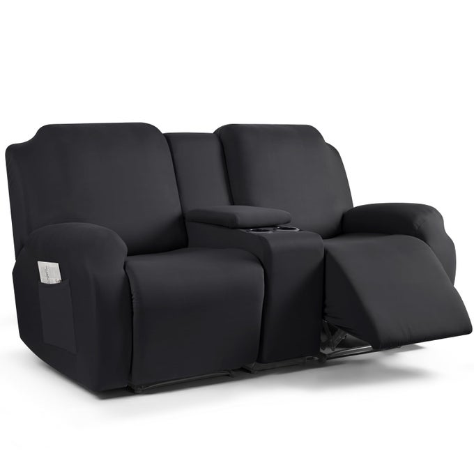 RECLINING LOVESEAT WITH MIDDLE CONSOLE SLIPCOVER 4 PIECE POLYESTER FABRIC STRETCH LOVESEAT RECLINING SOFA COVERS BLACK 2 SEAT RECLINER COVER WITH CONSOLE