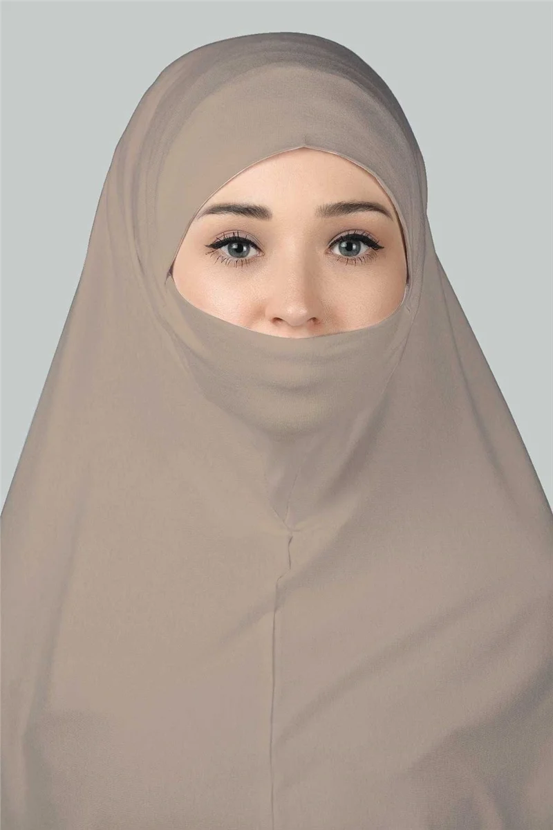 التوبة Ready-made Turban Practical Scarf with Veil Hijab with Nikap - Prayer Cover Soufflé (3Xl) - Light Mink