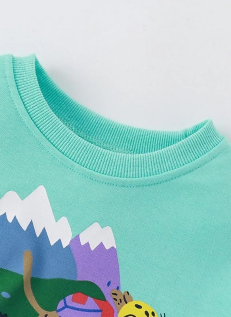يونيكي Turquoise Blue Printed Mandarin Collar Applique T-shirt