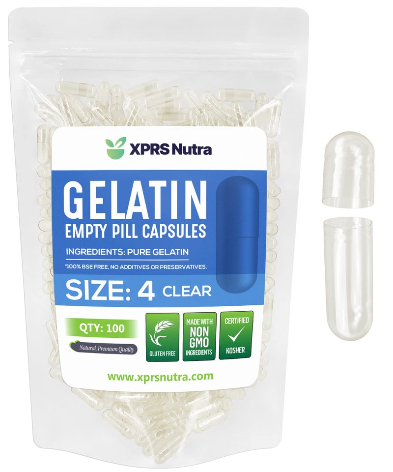 XPRS Nutra Size 4 Empty Capsules - 100 Count Small Clear Empty Gelatin Capsules - Empty Pill Capsules - DIY Capsule Filling - Bovine Pill Capsules Empty Gel Caps - Image 1