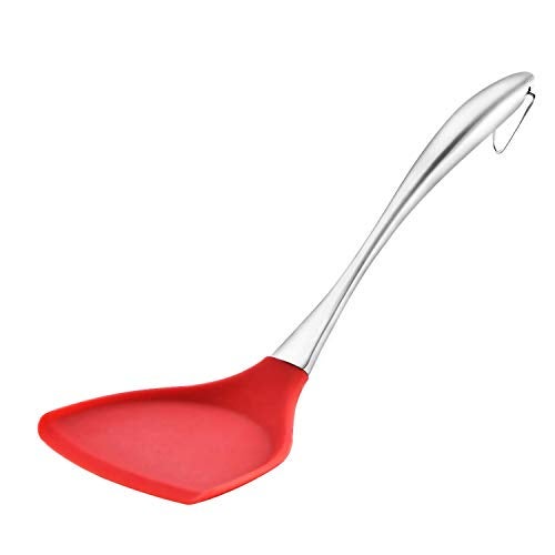 Baskety Kitchen Flexible Silicone Soft Edge Slotted Spatula Fish Turner Spatula - 18/0 Stainless Steel Handle-Quality Silicone - Heat Resistant to 500°F (Steel Spatula Red) - Image 1
