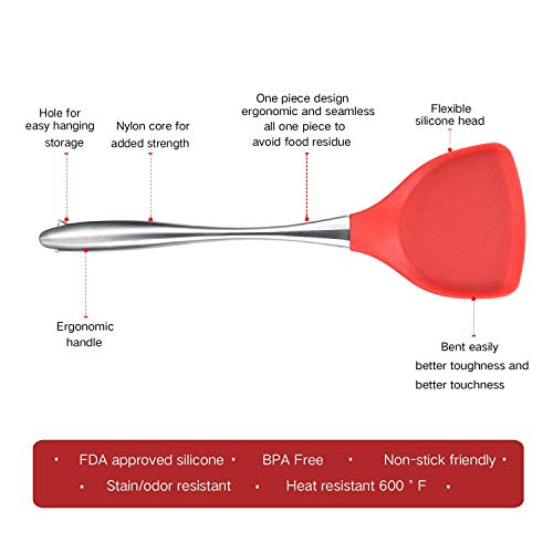 Baskety Kitchen Flexible Silicone Soft Edge Slotted Spatula Fish Turner Spatula - 18/0 Stainless Steel Handle-Quality Silicone - Heat Resistant to 500°F (Steel Spatula Red) - Image 5