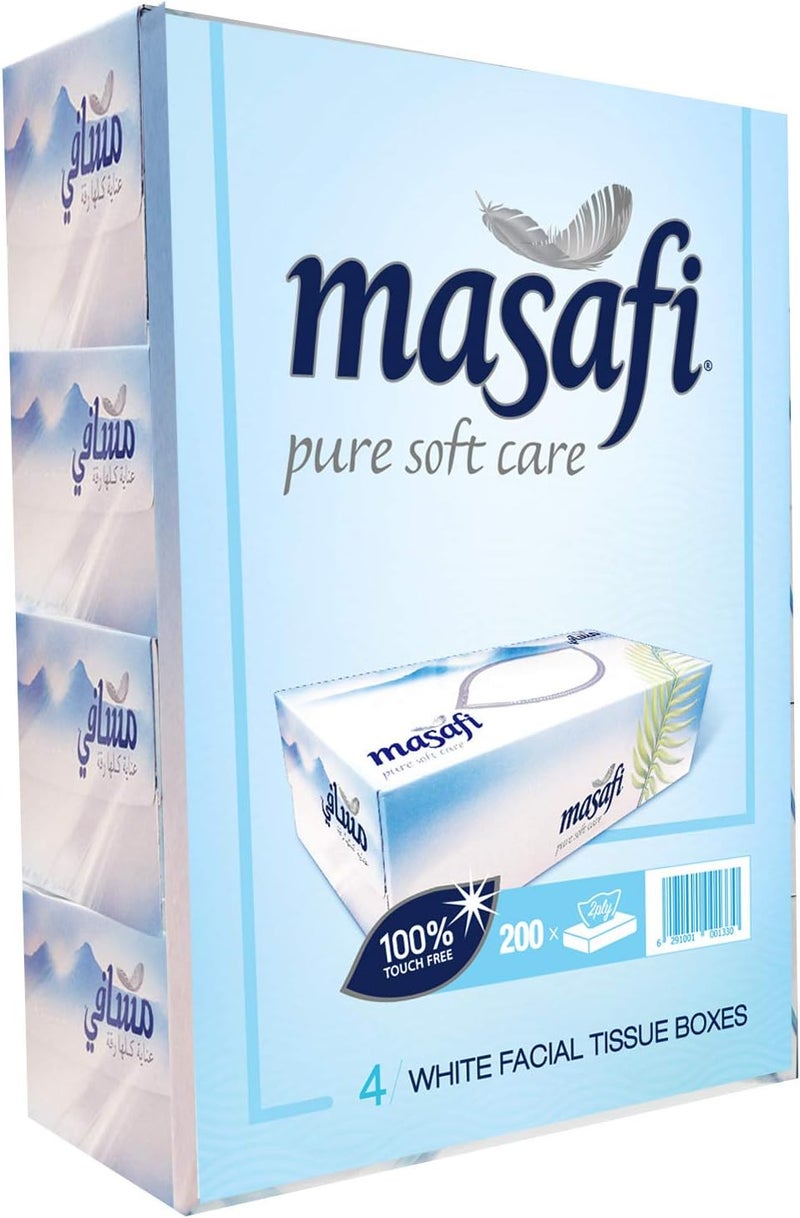Masafi White Facial Tissue Boxes - Pack of 4 Boxes, 200 Sheets Each, 2-Ply