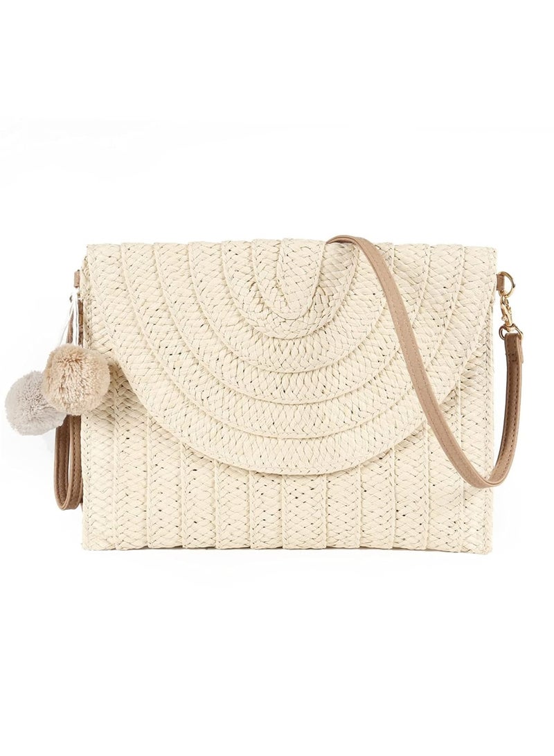 Zikra Straw Shoulder Bag Straw Clutch Women Hand-woven PomPom Straw Crossbody Bag Summer Beach Envelope Purse Wallet - Image 1