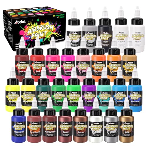 ABEIER Airbrush Paint, 28 Colors x 1oz (30ml) with 2 Thinner, Ready to Spray, Non-Toxic, Water-Based Acrylic Airbrush Paint Set for Metal, Models - Image 1