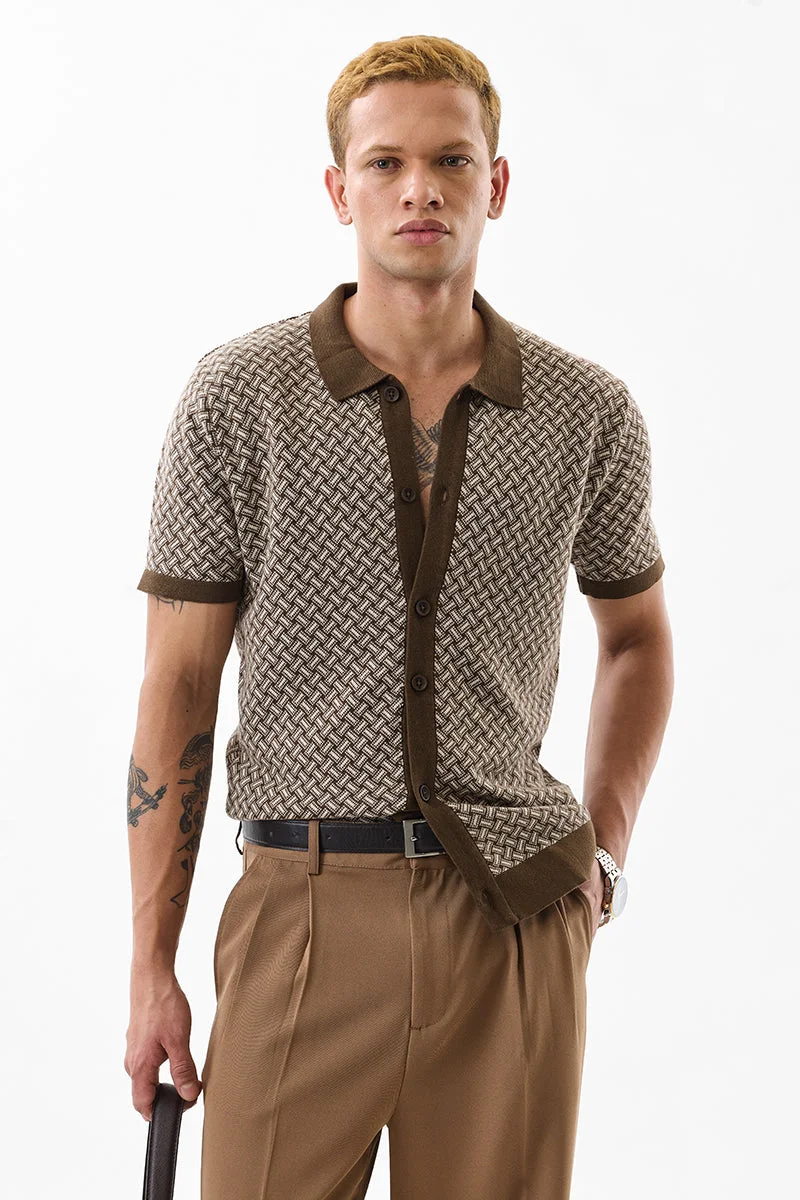 سنيتش Beige Geometric Half Sleeve Slim Fit Shirt