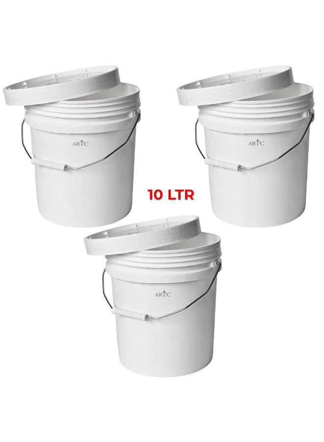 ARTC 10L Heavy Duty Plastic Bucket with Lid & Metal Handle (Set of 3 PCS) – 10 Liter White Storage Pail, Food Grade, Airtight Snap-On Lid, Multi-Purpose Utility Paint Container for Home, Garden, Garage, Tools, Water, Pantry & DIY - Image 1