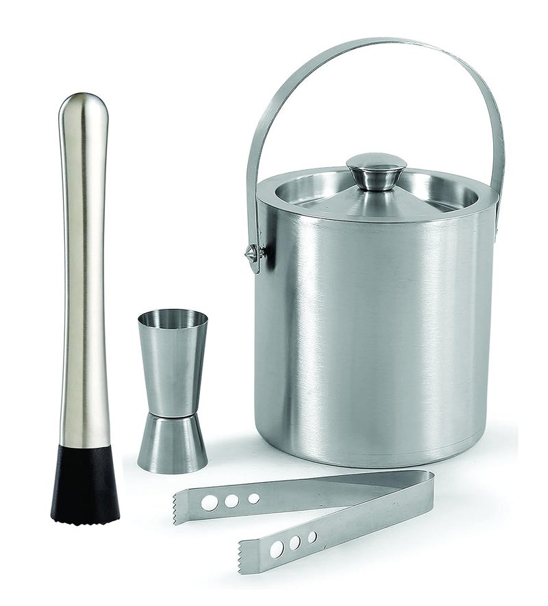 HAINE Barware 4 Pieces Bar Set of Double Wall Ice Bucket Tong Peg Measuring Jigger and Muddler Stick Stainless Steel Silver - Image 1