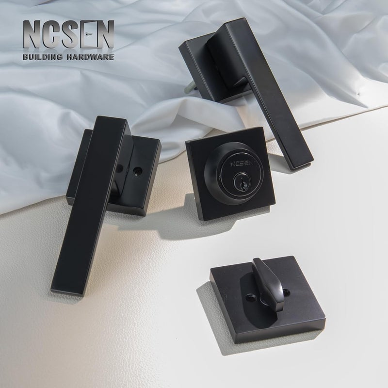 NCSEN Matt Black Front Door Lockset, Exterior Door Lock with Deadbolt, Black Door Handles with Lock - Image 2