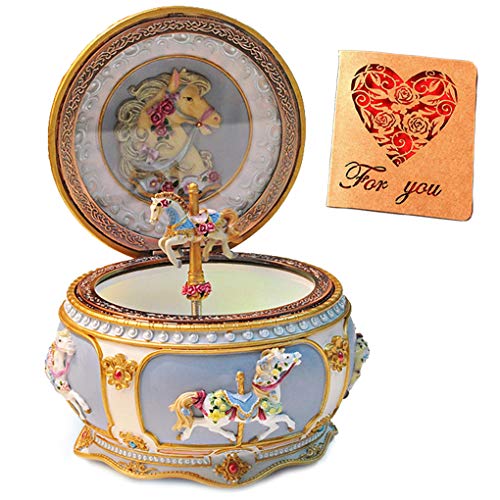 Briskfeel Classical Carousel Horse Music Box LED lights Twinkling Resin Carved Collectible Mechanical Musical Box with Sankyo 18-Note Horse Rotates with Music - Image 1