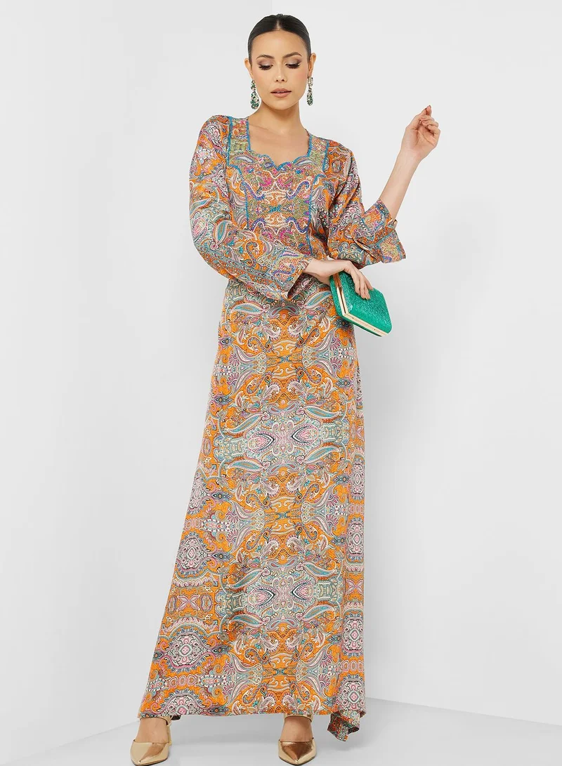 ARABIAN CLOSET Printed Crew Neck Jalabiya