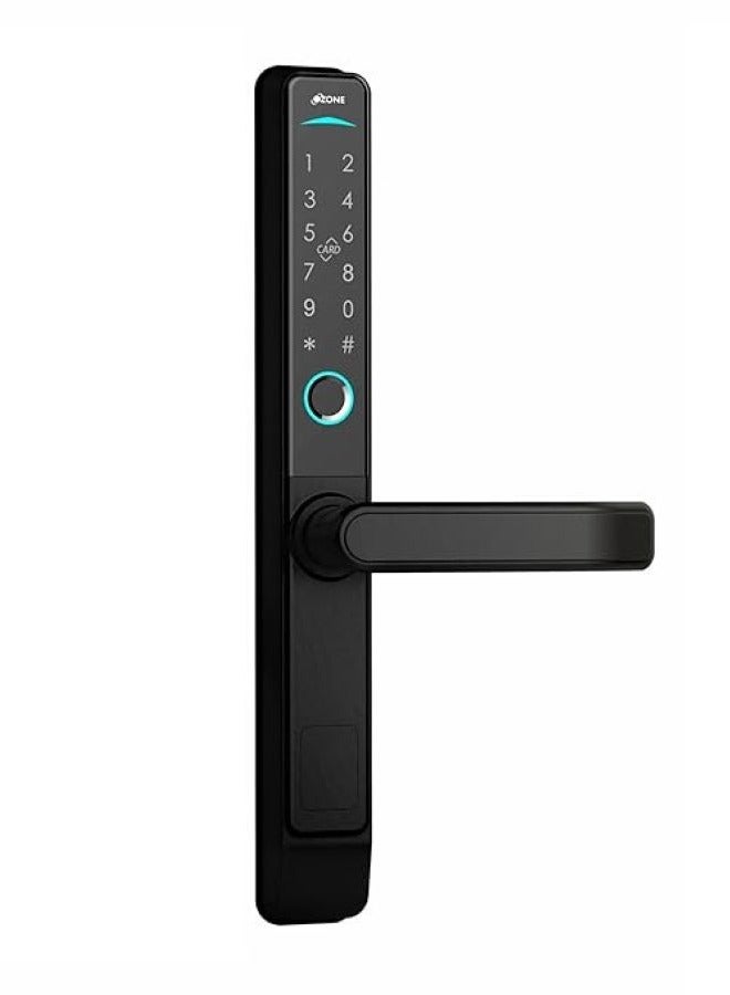 أوزون أوز إف دي إل 33 إس إل إس تي دي  قفل باب ذكي ذو نمط ضيق مناسب لـ UPVC | باب متأرجح PVC ببصمة الإصبع | الوصول إلى RFID وPIN والوصول اليدوي للمفتاح | لمسة نهائية باللون الأسود اللامع | بواسطة الأوزون الهند - Image 1