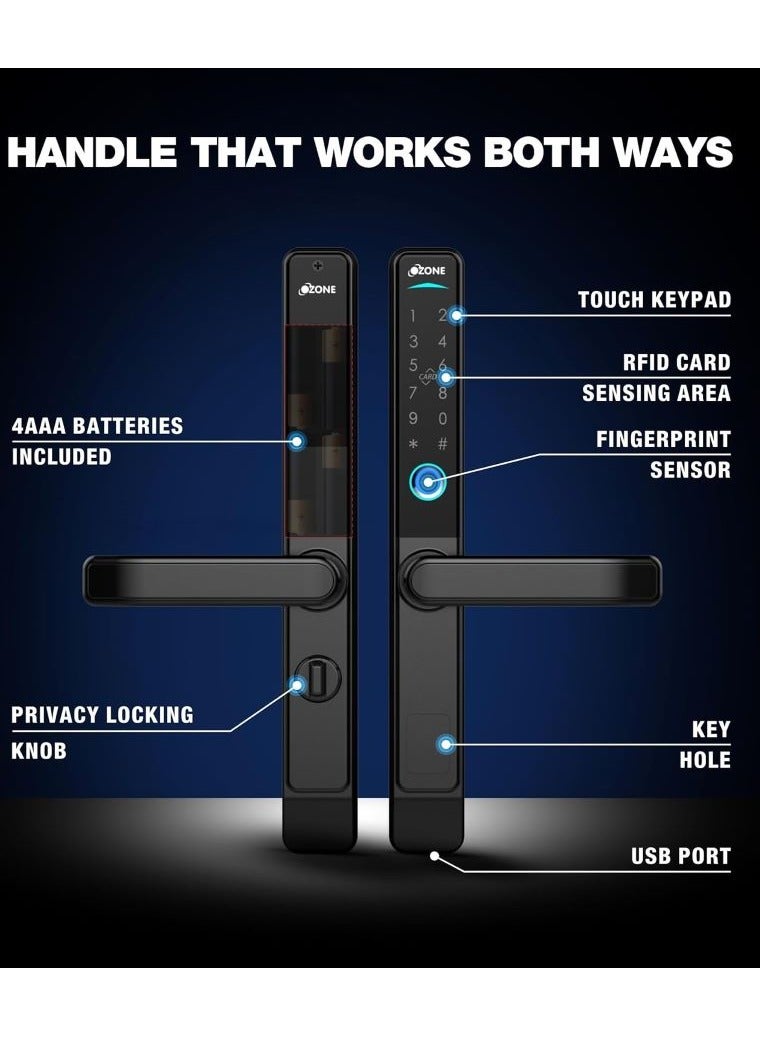 أوزون أوز إف دي إل 33 إس إل إس تي دي  قفل باب ذكي ذو نمط ضيق مناسب لـ UPVC | باب متأرجح PVC ببصمة الإصبع | الوصول إلى RFID وPIN والوصول اليدوي للمفتاح | لمسة نهائية باللون الأسود اللامع | بواسطة الأوزون الهند - Image 3
