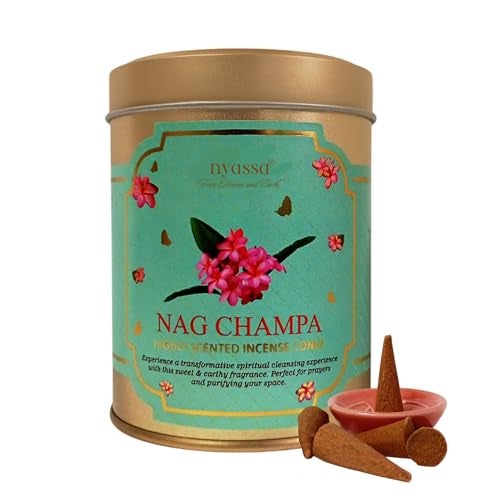 Nyassa Nag Champa Highly Scented Incense Cone | Pure Long-Lasting Dhoop Cones for Pooja, Meditation, Home Fragrance | 40 Dhoop Cones in Tin Box (100g) - Image 1
