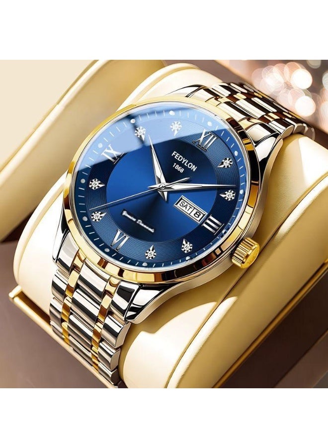 Fedylon FEDYLON Men’s Two-Tone Business Quartz Watch – Blue Dial, Dual Calendar, Luminous Hands, 30M Waterproof, Roman Numerals, Stainless Steel Look Wristwatch - Image 1